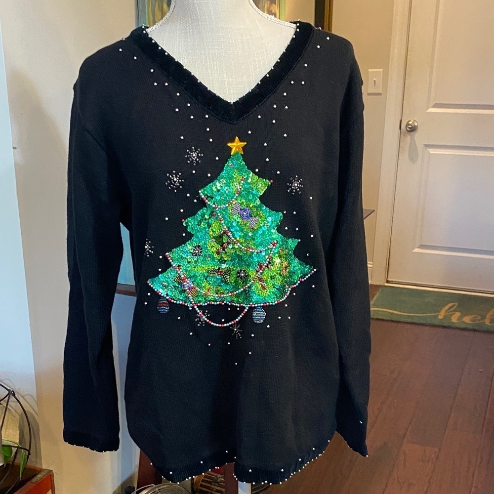 Quacker Factory Festive Black Christmas Tree Sweater